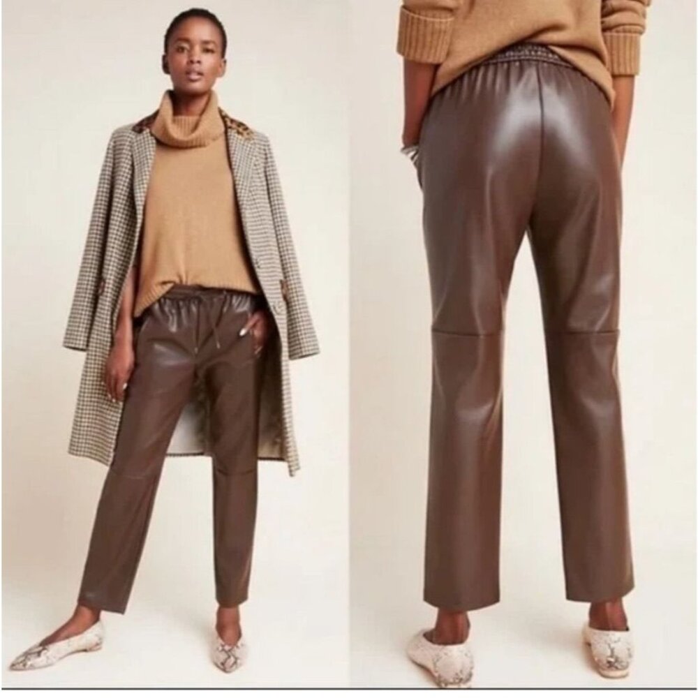 Anthropologie women's XS brown Sakara vegan leather pull on straight leg‎ pants
